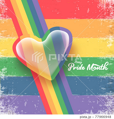 Happy pride month banner with heart and pride color flag isolated on rainbow lgbt flag background. Vector Pride month or pride day poster, flyer, invitation party card design template. 77966948