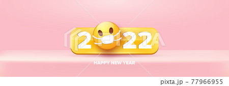 2022 Happy new year greeting horizontal banner with smile face Emoji sticker with mouth medical protection mask and 2022 numbers isolated on soft pastel pink background. 77966955