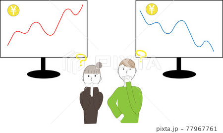 株価の暴騰と暴落の画像をみて悩む男女 77967761