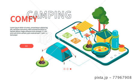Comfy Camping - modern colorful isometric web banner 77967908