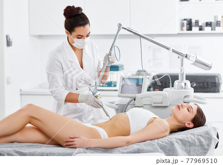 Woman having laser treatment in beauty clinic Woman having laser treatment in beauty clinic 77969510