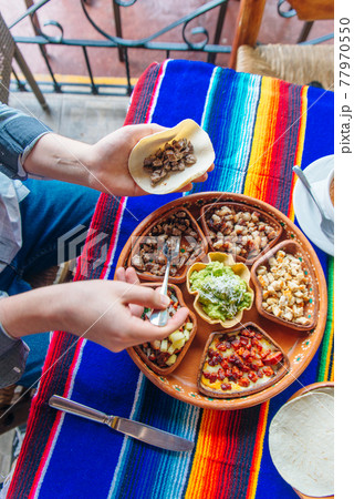 mexican plate with different meat and guacamole. 77970550
