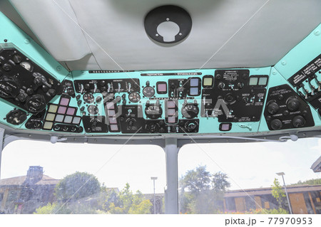 The cockpit of a Russian helicopter with control devices (the names of the devices are written in Russian) 77970953