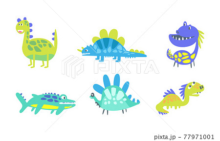 Funny Dinosaurs as Ancient Reptiles with Horns, Tail and Fangs Vector Set Funny Dinosaurs as Ancient Reptiles with Horns, Tail and Fangs Vector Set 77971001