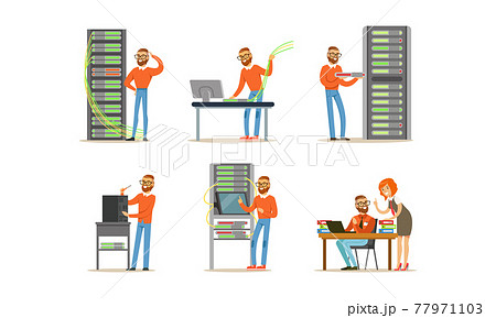Young Bearded Man Engaged in Repair and Maintenance of Servers and Computers Vector Set 77971103