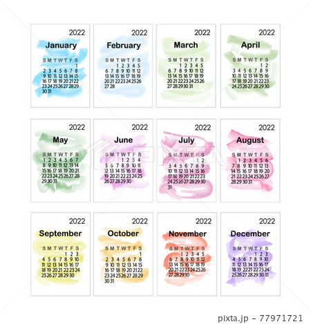 Calendar template for the year 2022 in simple minimalist style, abstract colorful background loose brush strokes, week starts on Sunday, vector printable page Calendar template for the year 2022 in simple minimalist style, abstract colorful background loose brush strokes, week starts on Sunday, vector printable page 77971721