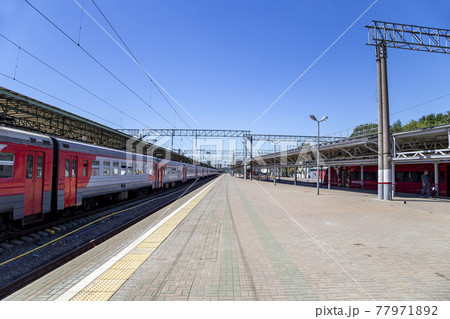 Train on Moscow passenger platform (Belorussky railway station) is one of the nine main railway stations in Moscow, Russia 77971892