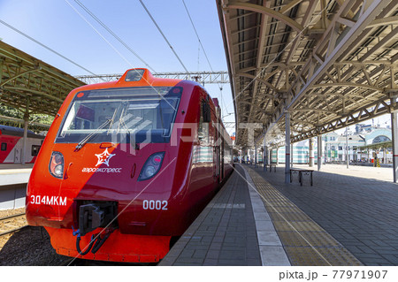 Aeroexpress Train (written in Russian) at the Belorussky railway station.Moscow,Russia -- high-speed train acquired OAO "Russian Railways" for use on the Russian high-speed railways Aeroexpress Train (written in Russian) at the Belorussky railway station.Moscow,Russia -- high-speed train acquired OAO "Russian Railways" for use on the Russian high-speed railways 77971907