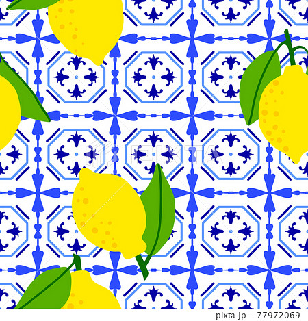 Lemon pattern. Citrus fruit on ceramic tile pattern made in Mediterranean style inspired by 77972069