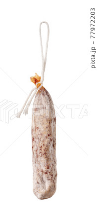 Whole spanish longaniza sausage hanging on a white rope isolated on white background. 77972203