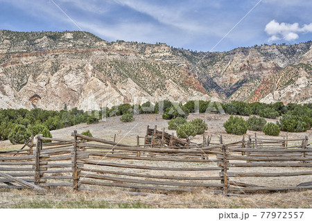 cattle corral in arid landscape of north western Colorado 77972557