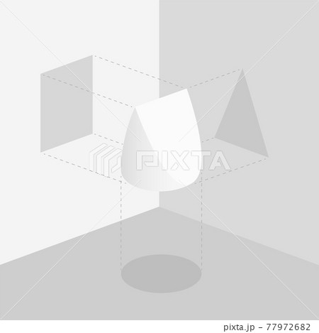 Circle, square and triangle, three different shadows from the same object, depending on the point of view. Round, triangular and square shadow with alignment lines to a wedge shaped item. Circle, square and triangle, three different shadows from the same object, depending on the point of view. Round, triangular and square shadow with alignment lines to a wedge shaped item. 77972682