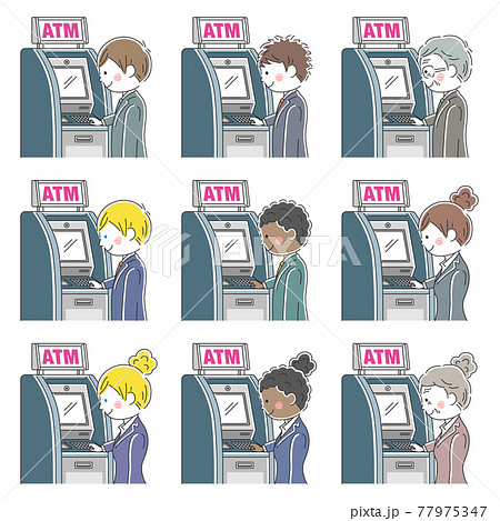 ATMを利用するビジネスマンのイラストセット ATMを利用するビジネスマンのイラストセット 77975347