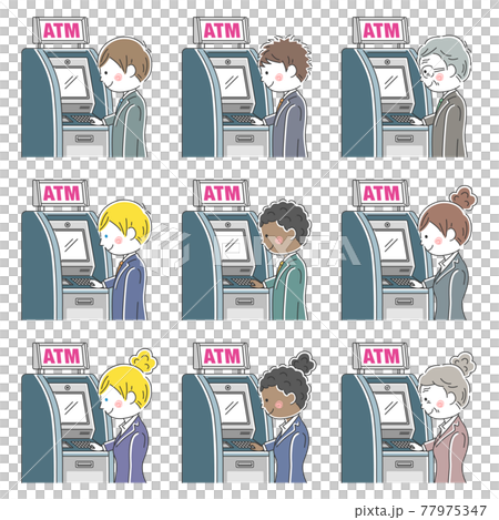 ATMを利用するビジネスマンのイラストセット ATMを利用するビジネスマンのイラストセット 77975347
