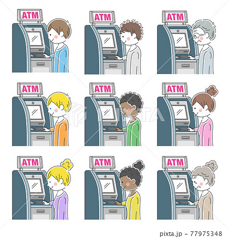 ATMを利用する人のイラストセット ATMを利用する人のイラストセット 77975348