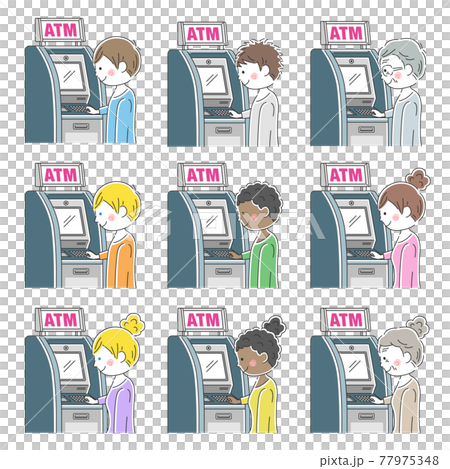 ATMを利用する人のイラストセット ATMを利用する人のイラストセット 77975348