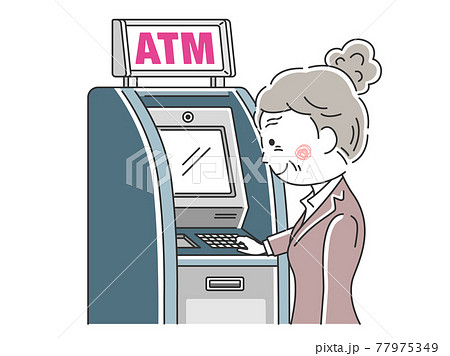 ATMを利用する年配女性のイラスト 77975349