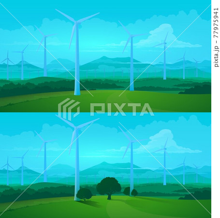 Wind turbines, green energy farm field background 77975941