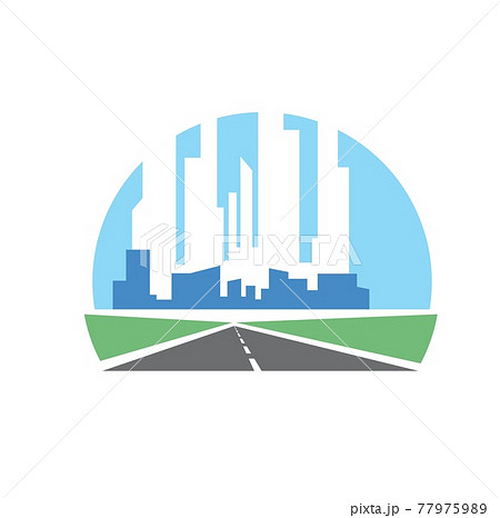 Highway icon with city skyscrapers on horizon 77975989