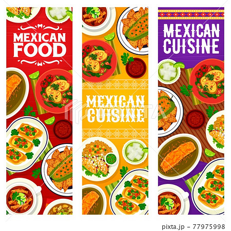 Mexican cuisine food banners, tacos and guacamole Mexican cuisine food banners, tacos and guacamole 77975998