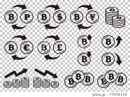 ビットコインマークの入ったコインのアイコンセット 黒 ラインのイラスト素材