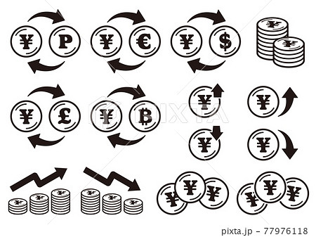 円マークの入ったコインのアイコンセット 黒 ラインのイラスト素材