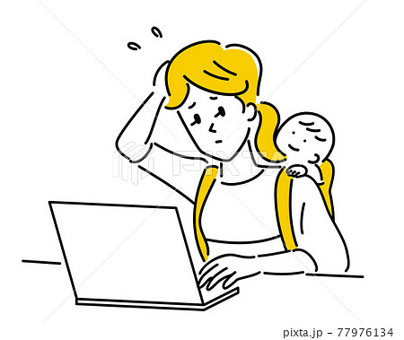 赤ちゃんをおんぶして仕事をする女性のイラスト素材 77976134