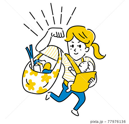 赤ちゃんを抱っこしながら買い物するパワフルお母さんのイラスト素材 77976136