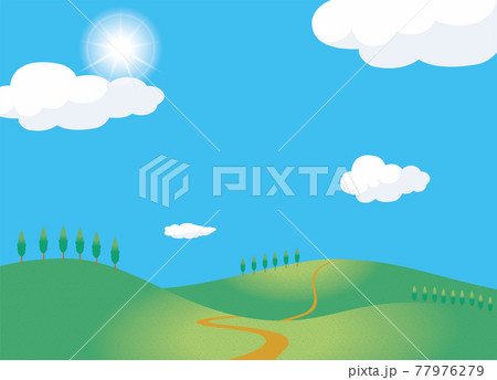 夏のイメージのイラスト背景素材 眩しい太陽と一本道の丘 小山と青空と白い雲ポプラ並木のイラスト素材