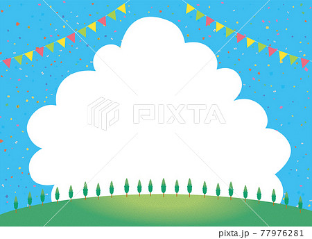 夏のイメージのイラスト背景素材　紙吹雪と三角旗ガーランドと丘・小山と青空と大きい白い雲ポプラ並木 77976281