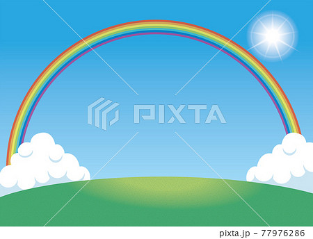 夏のイメージのイラスト背景素材 眩しい太陽と雲にかかった大きな虹と丘 小山と青空と白い雲のイラスト素材