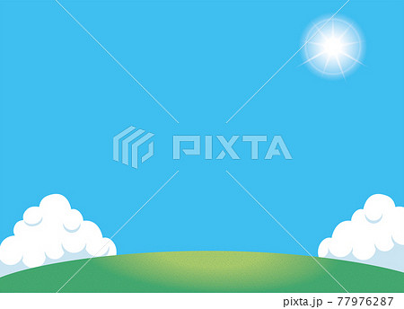 夏のイメージのイラスト背景素材 眩しい太陽と丘 小山と青空と白い雲文字スペースのイラスト素材