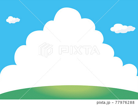 夏のイメージのイラスト背景素材 丘 小山と青空と大きい白い雲入道雲文字スペースのイラスト素材