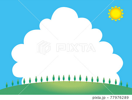 夏のイメージのイラスト背景素材 丘 小山とポプラ並木 青空と大きい白い雲入道雲文字スペースのイラスト素材