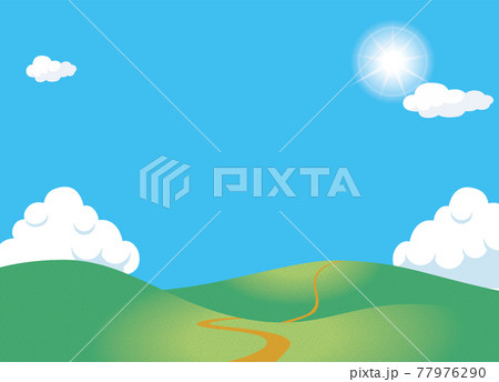 夏のイメージのイラスト背景素材 眩しい太陽と一本道の丘 小山と青空と白い雲のイラスト素材