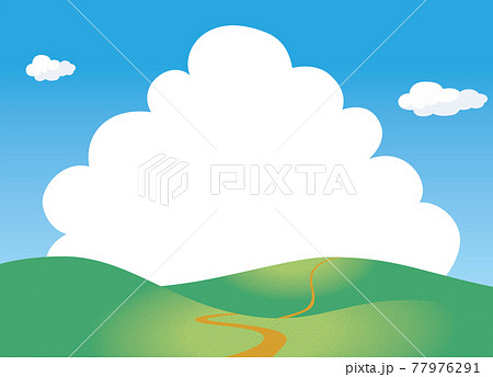 夏のイメージのイラスト背景素材 一本道の丘 小山と青空と白い雲入道雲文字スペースのイラスト素材
