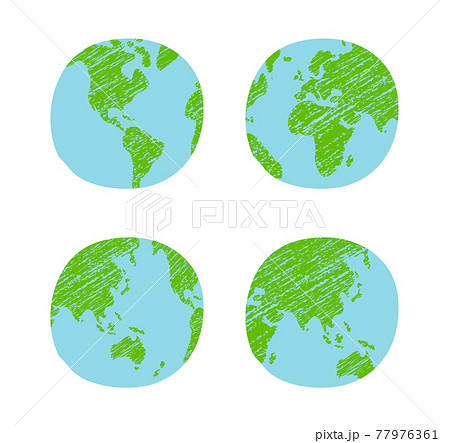 色鉛筆でラフに塗りつぶした手描き風世界地図 地球 ベクターイラストセット 平面 のイラスト素材