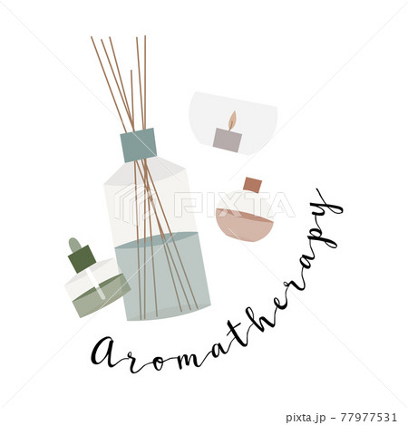 Aromatherapy. Aroma diffuser, essential oil, aromatic bag sachet, incense stick, oil burner, scented candle. Vector flat cartoon illustration 77977531