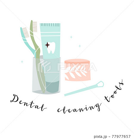 Oral care. Dental cleaning tools: toothbrush, toothpaste, dentifrice, dental floss, mouthwash. Dental hygiene, teeth care. Vector flat cartoon illustration 77977657
