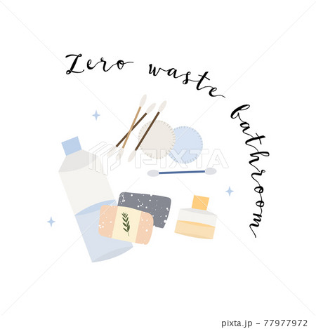 Bathroom accessories, bath items. Dental cleaning tools, natural skin care, organic cosmetics. Zero waste bathroom, reusable products. Eco friendly lifestyle. Vector flat cartoon illustration 77977972