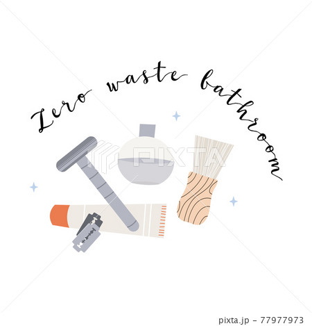 Bathroom accessories, bath items. Dental cleaning tools, natural skin care, organic cosmetics. Zero waste bathroom, reusable products. Eco friendly lifestyle. Vector flat cartoon illustration 77977973