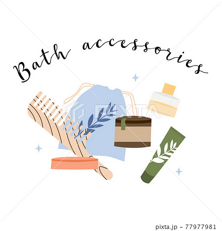 Bathroom accessories, bath items. Dental cleaning tools, natural skin care, organic cosmetics. Zero waste bathroom, reusable products. Eco friendly lifestyle. Vector flat cartoon illustration Bathroom accessories, bath items. Dental cleaning tools, natural skin care, organic cosmetics. Zero waste bathroom, reusable products. Eco friendly lifestyle. Vector flat cartoon illustration 77977981