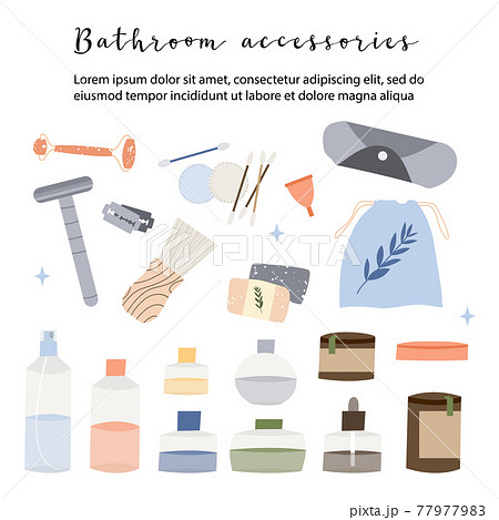 Bathroom accessories, bath items. Dental cleaning tools, natural skin care, organic cosmetics. Zero waste bathroom, reusable products. Eco friendly lifestyle. Vector flat cartoon illustration Bathroom accessories, bath items. Dental cleaning tools, natural skin care, organic cosmetics. Zero waste bathroom, reusable products. Eco friendly lifestyle. Vector flat cartoon illustration 77977983