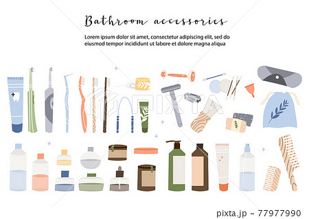 Bathroom accessories, bath items. Dental cleaning tools, natural skin care, organic cosmetics. Zero waste bathroom, reusable products. Eco friendly lifestyle. Vector flat cartoon illustration 77977990