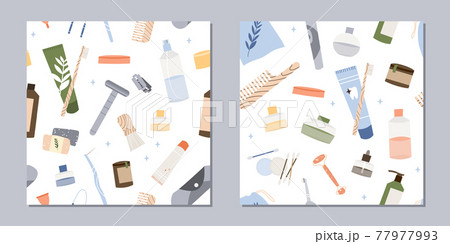 Bathroom accessories, bath items. Dental cleaning tools, natural skin care, organic cosmetics. Zero waste bathroom, reusable products. Eco friendly lifestyle. Vector flat cartoon illustration 77977993