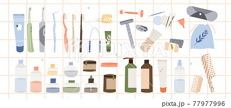 Bathroom accessories, bath items. Dental cleaning tools, natural skin care, organic cosmetics. Zero waste bathroom, reusable products. Eco friendly lifestyle. Vector flat cartoon illustration 77977996