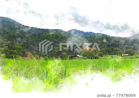 Abstract colorful shape on mountain peak and tree landscape on watercolor illustration painting background. Abstract colorful shape on mountain peak and tree landscape on watercolor illustration painting background. 77978009