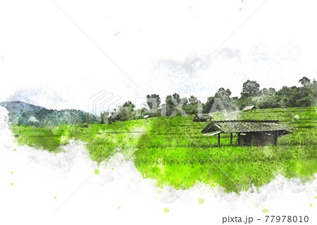 Abstract colorful shape on mountain peak and tree landscape on watercolor illustration painting background. 77978010
