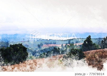 Abstract colorful shape on mountain peak and tree landscape on watercolor illustration painting background. 77978014