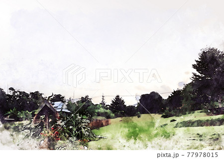 Abstract colorful shape on mountain peak and tree landscape on watercolor illustration painting background. 77978015